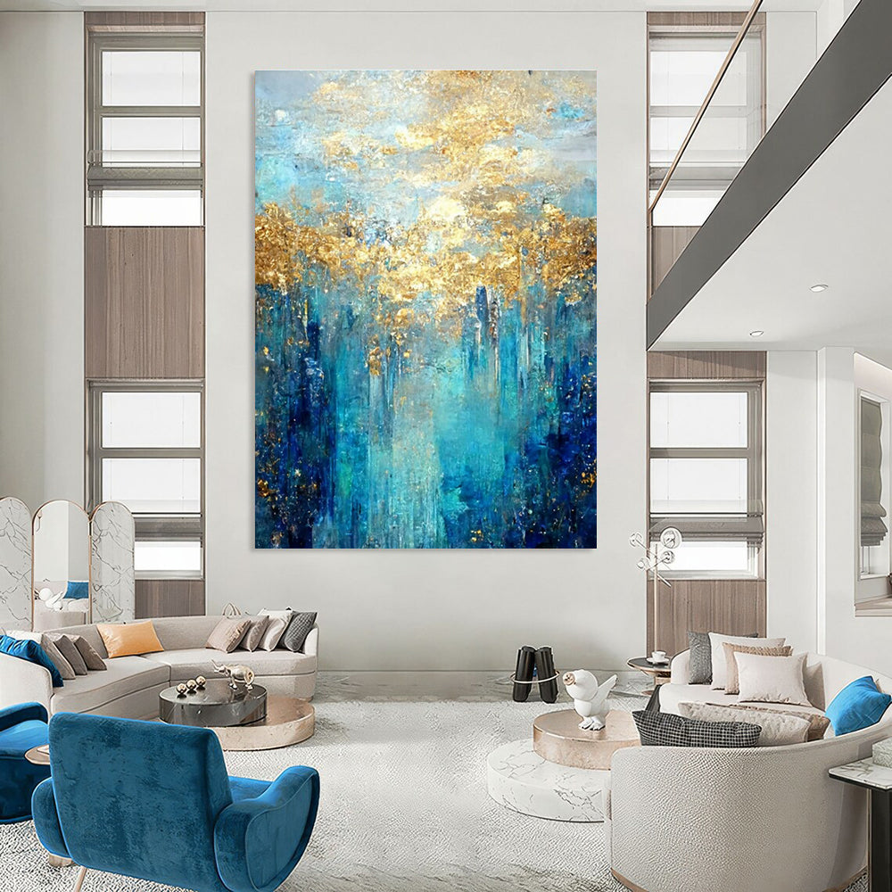 Blue, Gold Abstract Textured Art For Living Room and Bedroom WS444