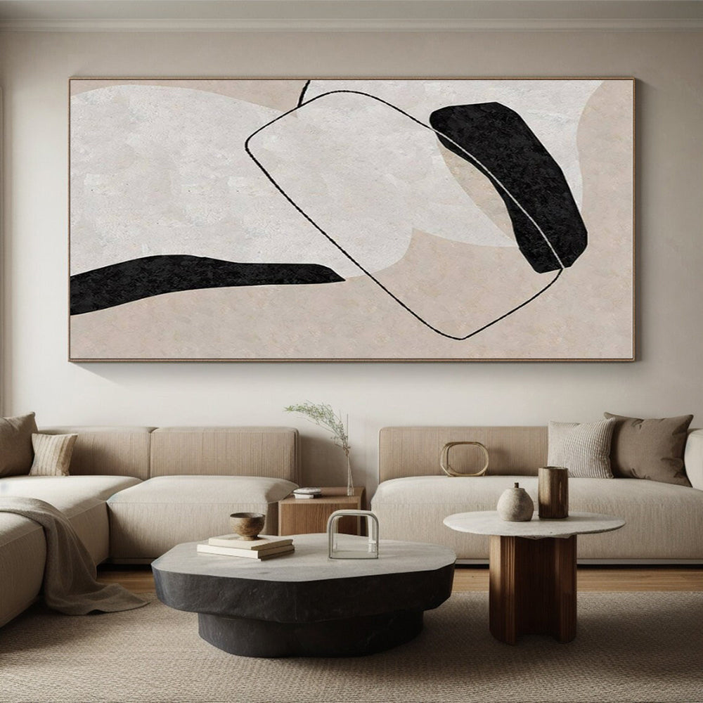 Minimalist Canvas Art Black, Beige, and White Organic Abstract Art HS701