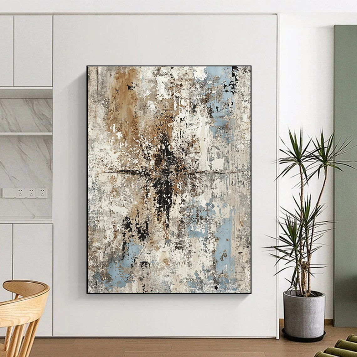 Oversized Abstract Wall Art Neutral and Blue Textured Abstract Painting HS180
