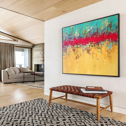 Huge Size Turquoise, Red and Yellow Abstract Textured Painting WB097