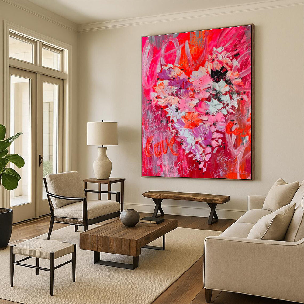 Unique Abstract Art Red, Pink, and Gray Floral Abstract Art with “Love” Accents HS719