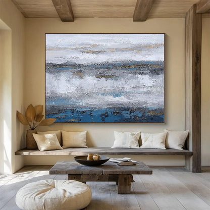 Extra Large Size Blue, Gray and Gold Abstract Textured Landscape Painting WB124