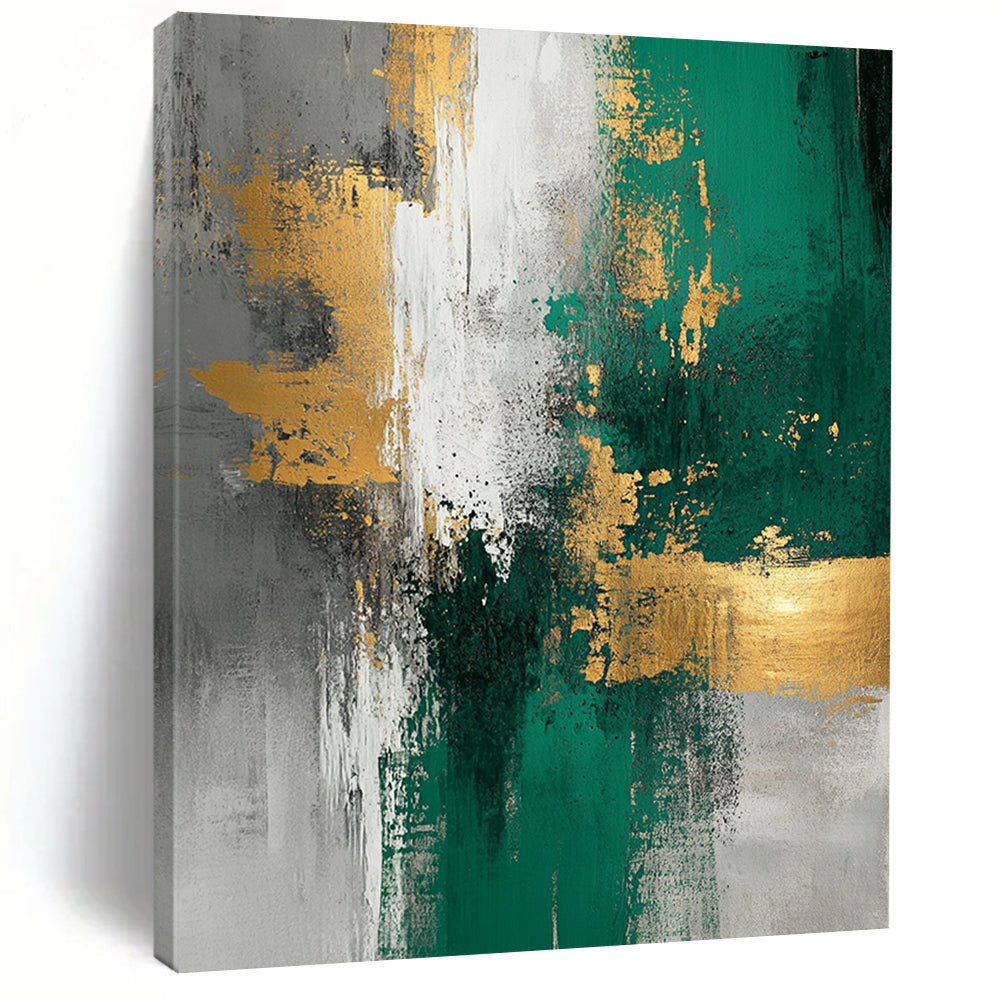 Large Size Green, Gold, and Gray Abstract Textured Painting For Sale HS110