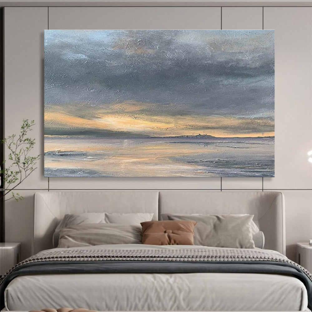 Horizontal Gray, Orange, and Multicolor Abstract Coastal Sunset, Abstract Oil Painting WB181