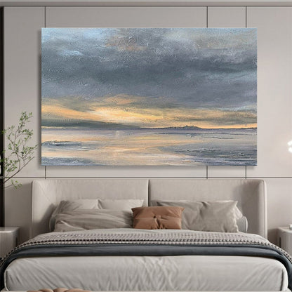 Horizontal Gray, Orange, and Multicolor Abstract Coastal Sunset, Abstract Oil Painting WB181