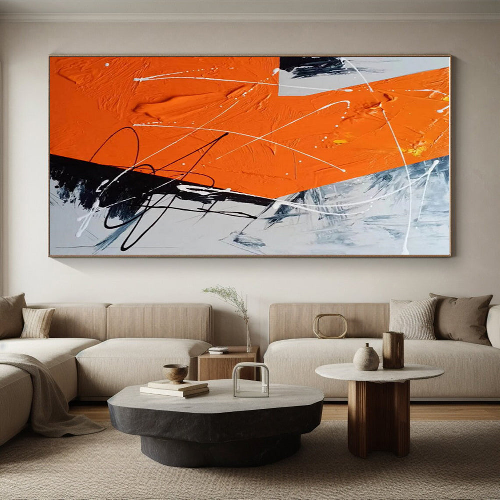 Oversized Abstract Wall Art Orange, Black & White Energetic Line Art HS409