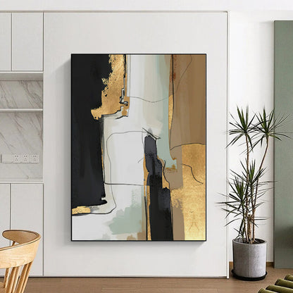 Hand Painting Black, Gold, and Beige Abstract Textured Painting For Sale HS088