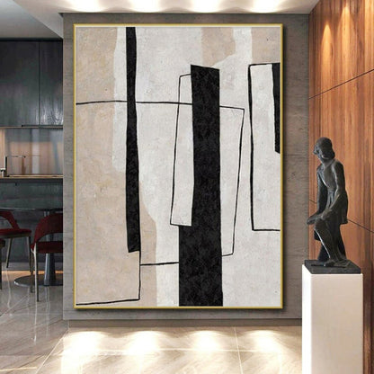 Modern Art Acrylic Black, Beige, and White Geometric Abstract Art HS697