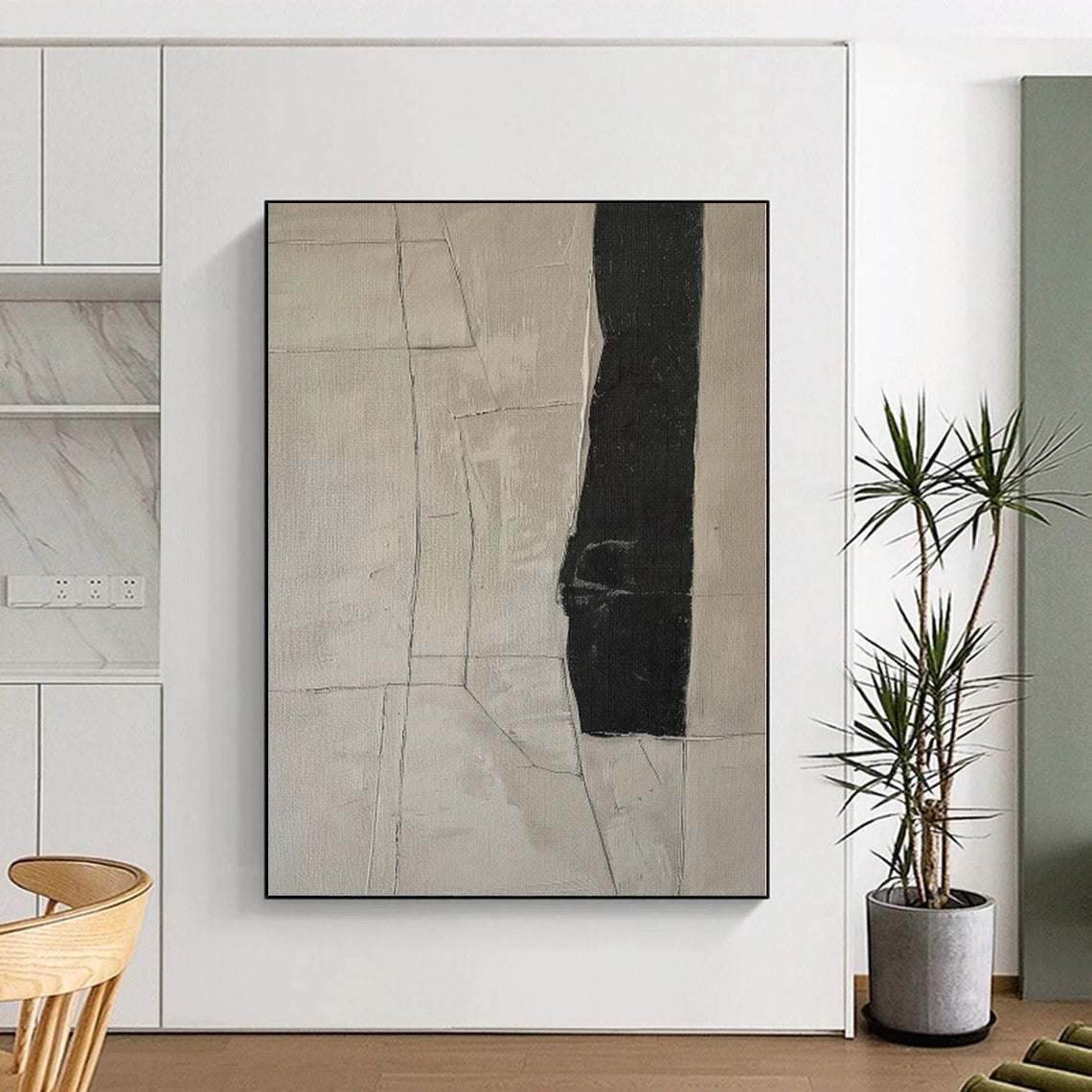 Hand-Painted Beige and Black Abstract Geometric Line Painting For Sale HS027