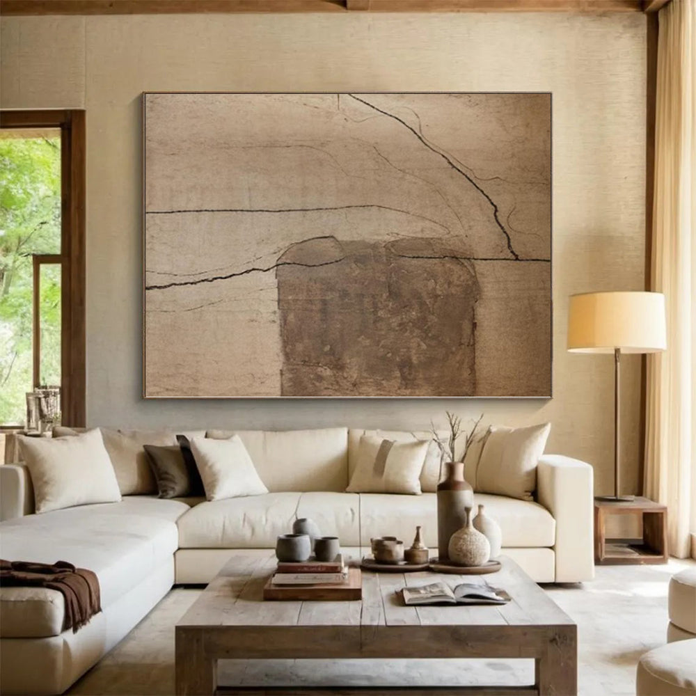 Handmade Art Beige and Brown Abstract Line Painting For Sale HS106