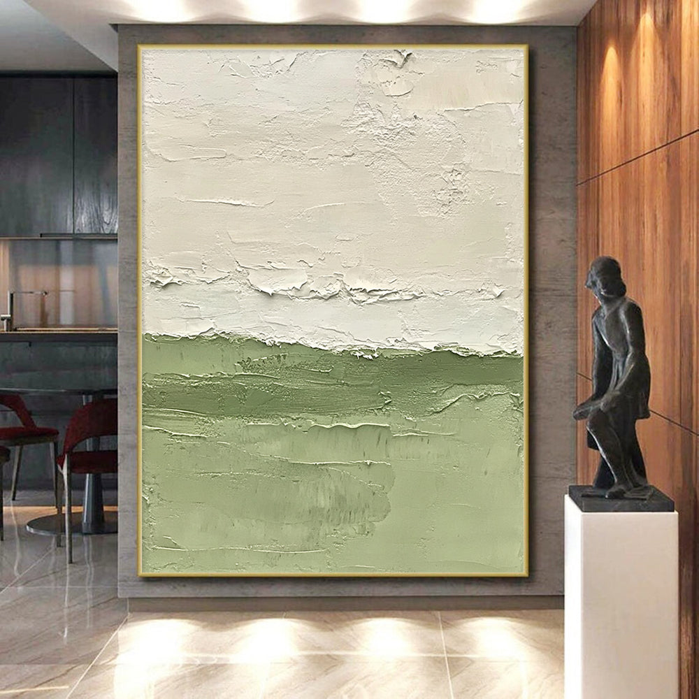 Hand Painting Green and White Textured Minimalist Abstract Art HS190