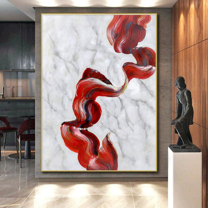 Handmade Art Red & White Abstract Flowing Ribbon Art HS396
