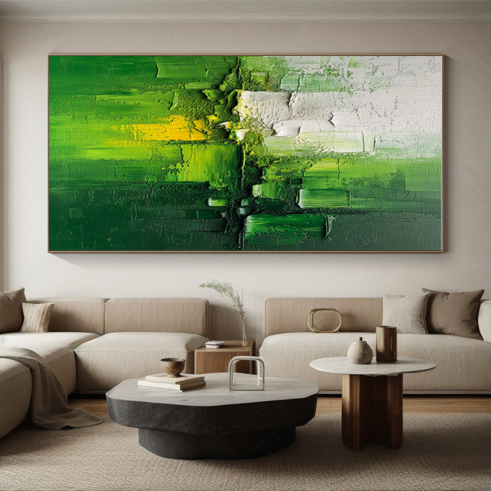 Hand-Painted Green & White Textured Abstract Art, Acrylic Modern Art Painting HS201