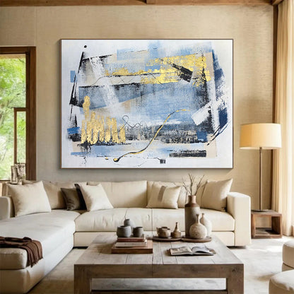 Modern Art Acrylic Blue, Gray & Gold Abstract Geometric Art HS399