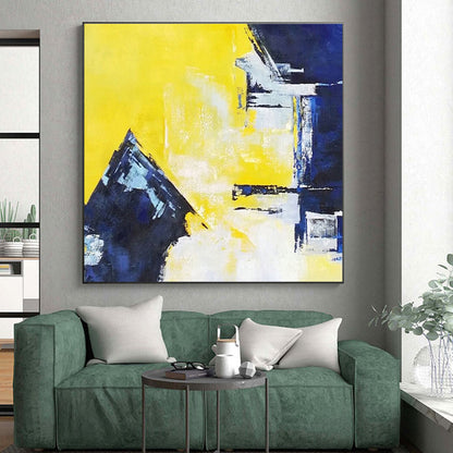 Unique Abstract Art Yellow & Blue Geometric Abstract, Large Contemporary Wall Art HS353