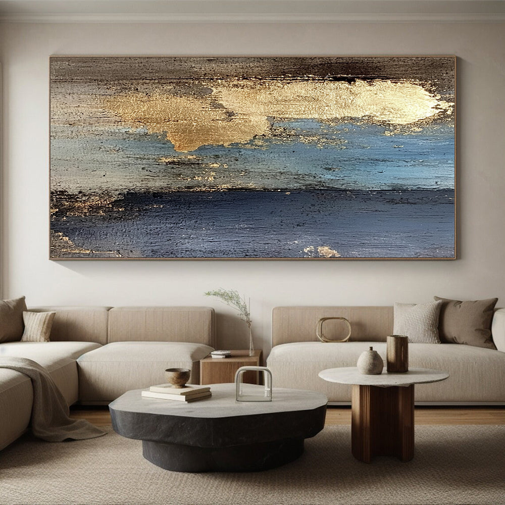 Handmade Art Blue, Black, and Gold Textured Abstract Art HS184