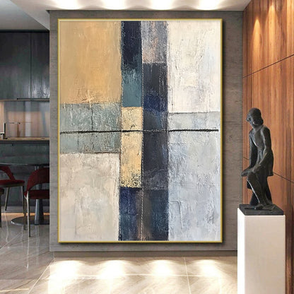 Handmade Art Beige, Gray, and Blue Abstract Geometric Painting For Sale HS153