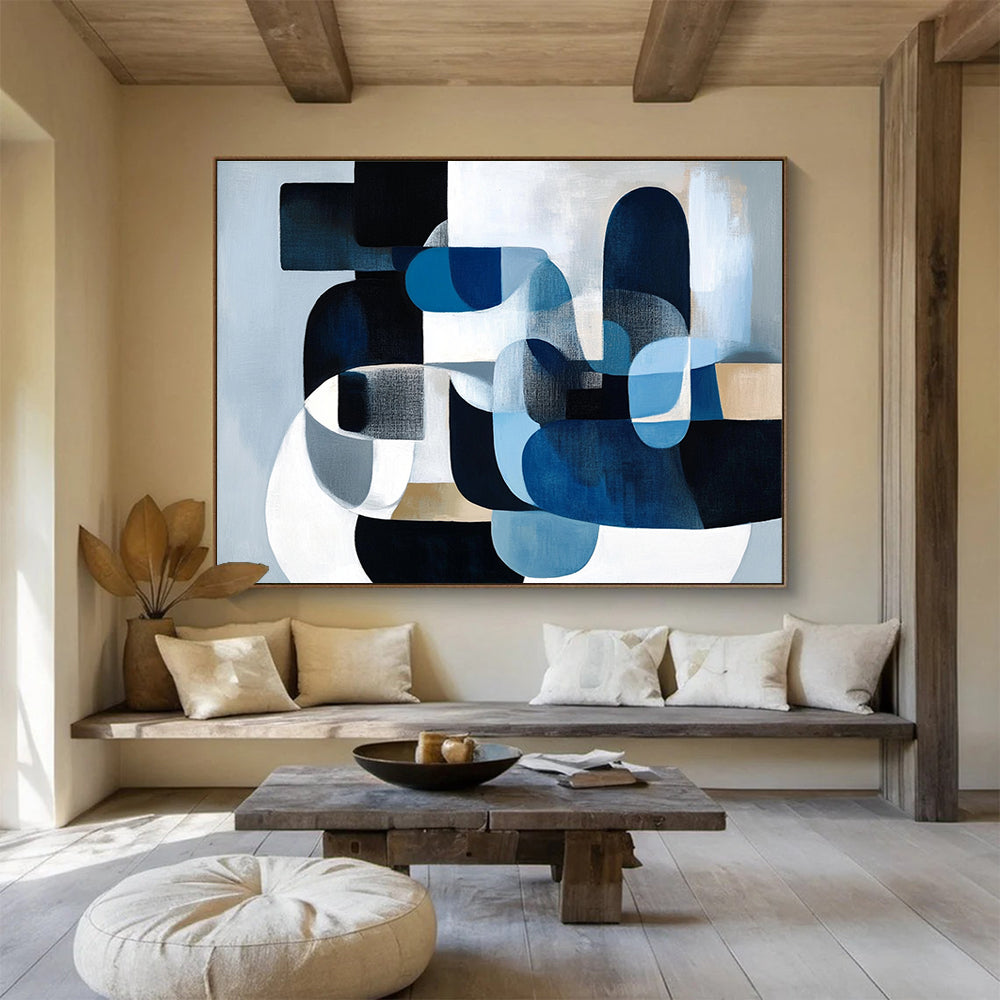 Big Size Blue, Black, and Beige Geometric Abstract Art WB252