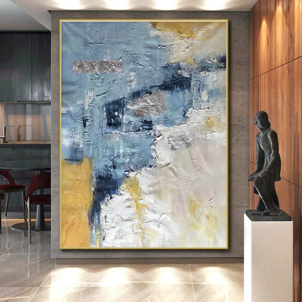 Hand-Painted Blue, Gold & Gray Textured Abstract, Modern Art Acrylic HS250