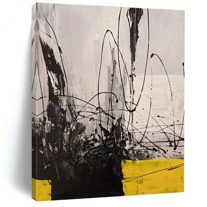 Hand-Painted Black, White & Yellow Gestural Abstract, Acrylic Modern Art Painting HS221