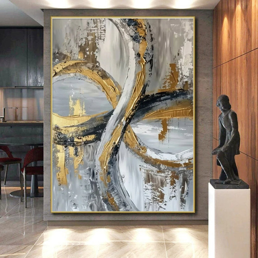 Unique Abstract Art Gold, Gray, and Black Circular Abstract Art HS734