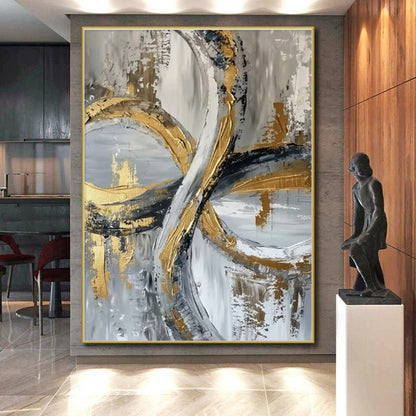 Unique Abstract Art Gold, Gray, and Black Circular Abstract Art HS734