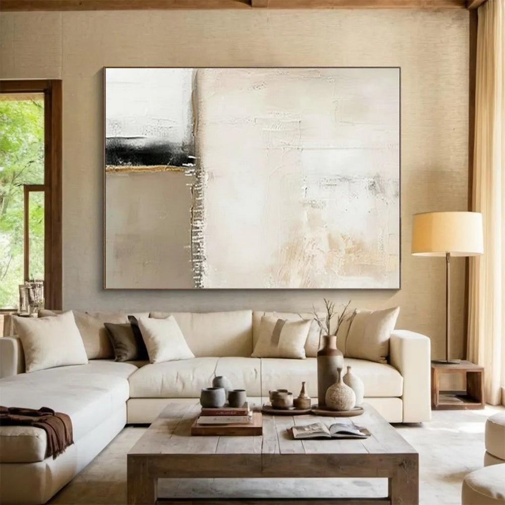 Unique Abstract Art Beige, White, and Black Textured Abstract Painting On Canvas HS786