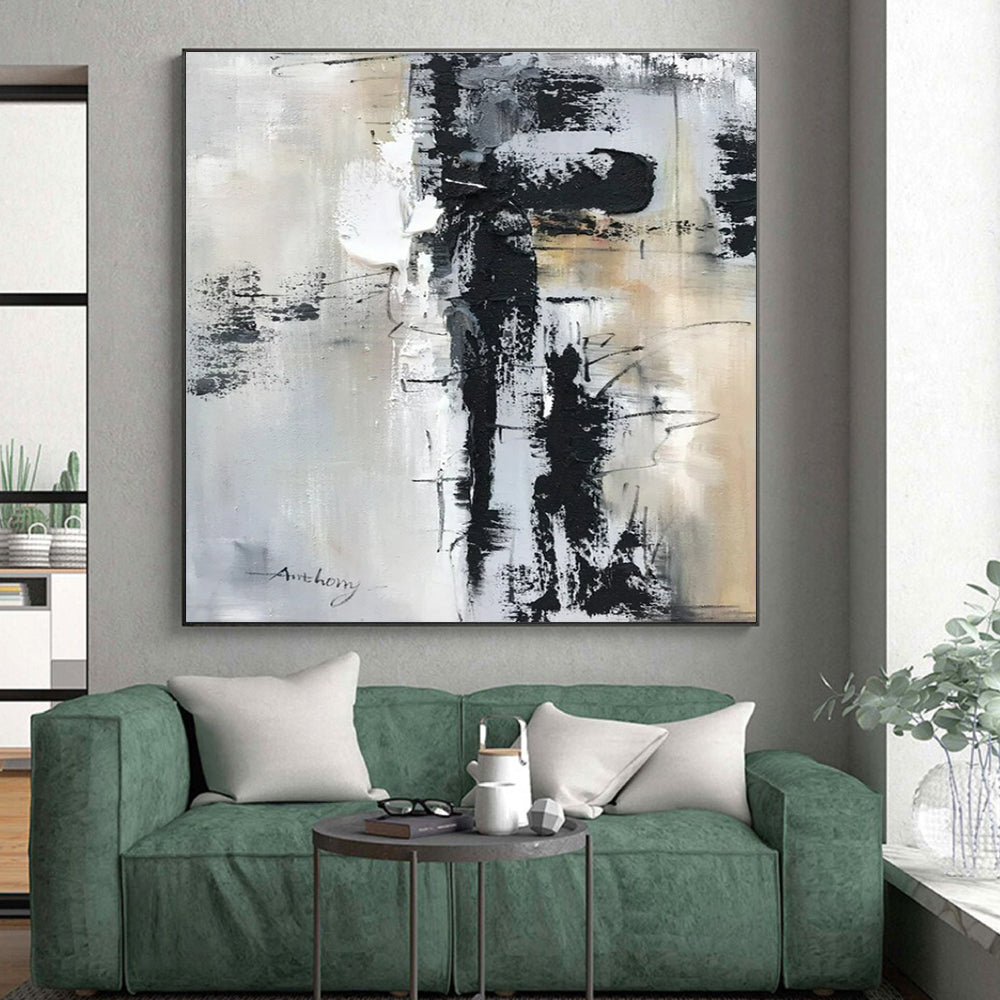 Large Contemporary Wall Art Black, White, and Neutral Textured Abstract HS587