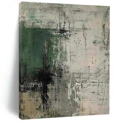 Modern Art Acrylic Green, Gray, and Neutral Textured Abstract Composition HS598