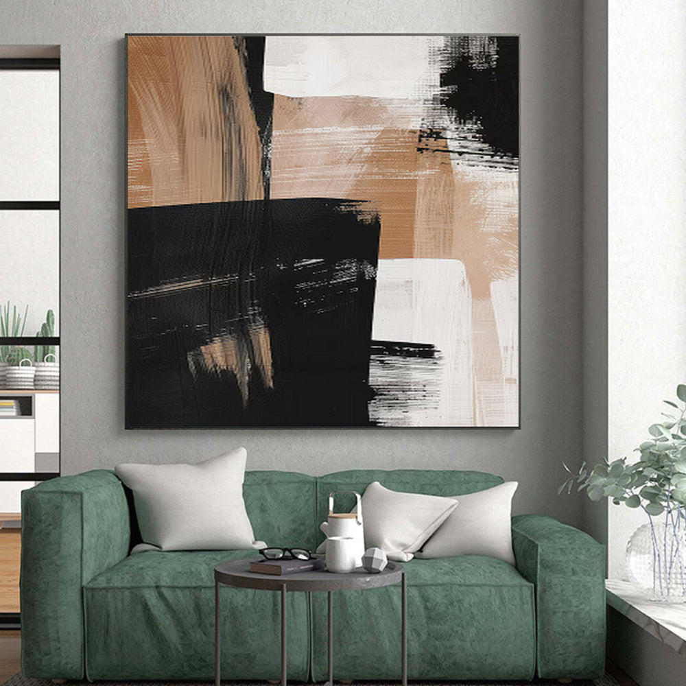 Hand-Painted Black, Beige & White Gestural Abstract, Acrylic Modern Art Painting HS442
