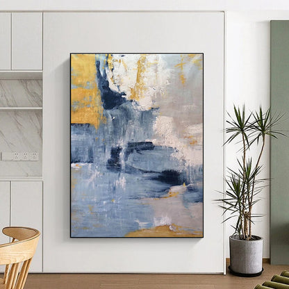 Hand Painted Art Blue, Gold & Gray Textured Abstract, Acrylic Modern Art Painting HS248