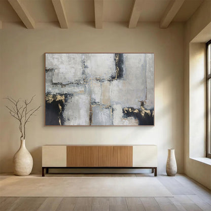 Large Size Gray, Gold and Red Abstract Urban Painting WB089