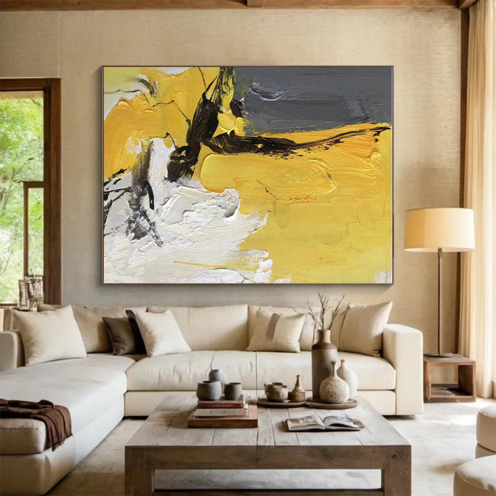 Large Size Yellow, Gray & White Textured Abstract Art HS390