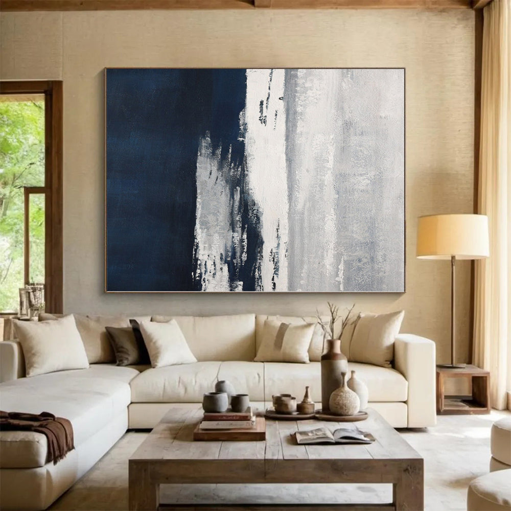 Gaint Canvas Art Gray and Navy Abstract Seaside Painting For Sale HS092