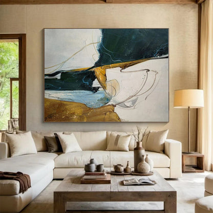 Unique Abstract Art Green, Gold, and White Dynamic Abstract Painting On Canvas HS810