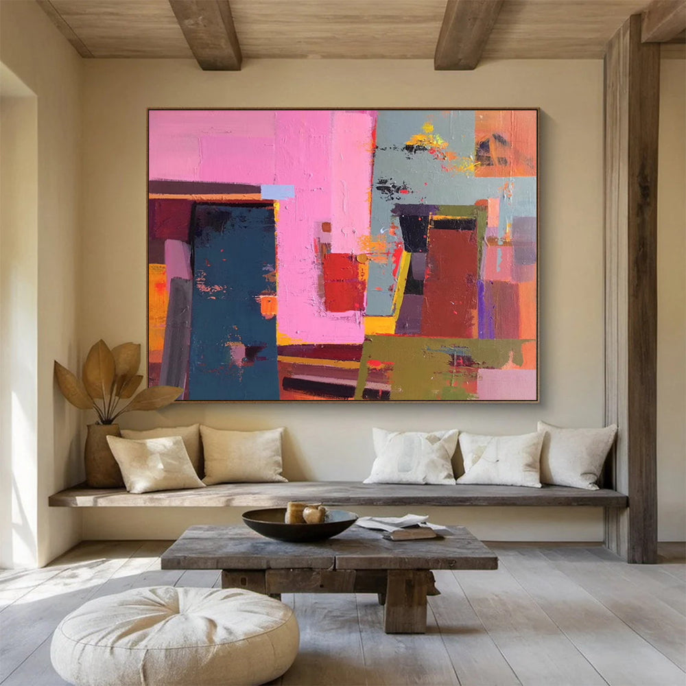 Huge Size Pink, Teal, and Multicolor Geometric Abstract Art, Abstract Acrylic Painting WB165