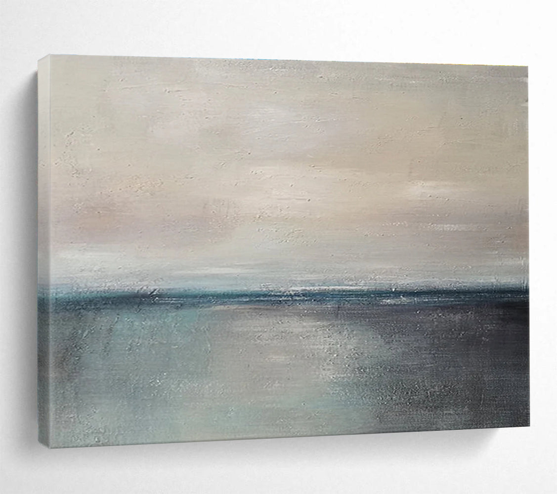 Horizontal Beige, Gray, and Blue Abstract Calm Sea Horizon, Abstract Oil Painting WB184
