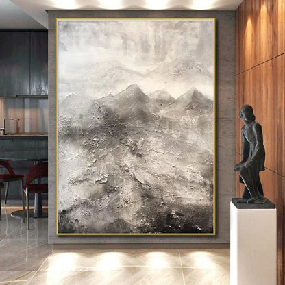 Hand-Painted Gray & White Textured Mountain Abstract, Acrylic Modern Art Painting HS251