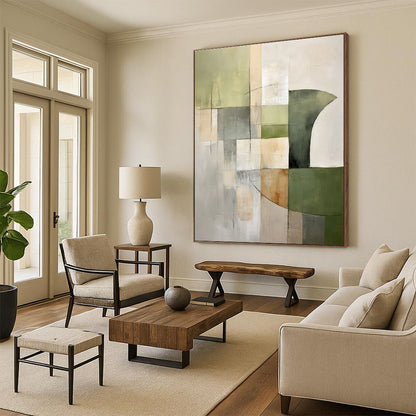 Acrylic Modern Art Paintings Green, Beige, and Gray Geometric Abstract Painting On Canvas HS780