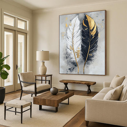 Black, White, and Gold Abstract Feather Painting For Sale WS499