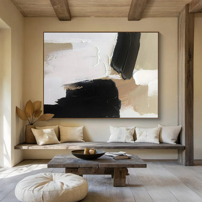 Contemporary Abstract Art: Black White and Beige Minimalist Abstract Painting WB358