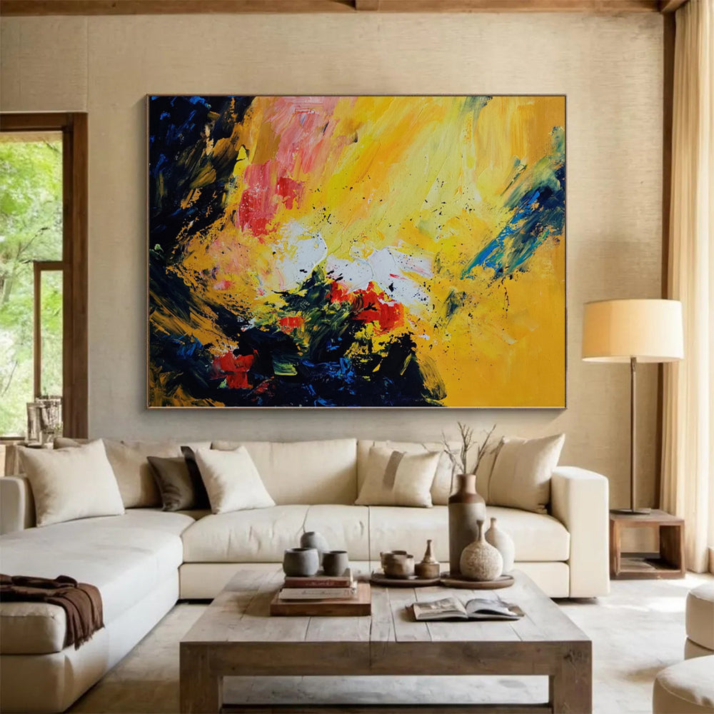 Hand-Painted Yellow, Red, and Blue Abstract Expressive Painting For Sale HS068