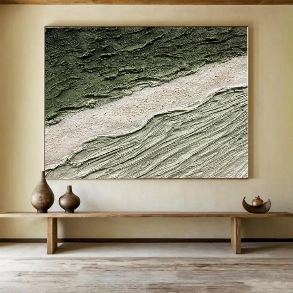 Green, Beige, Gray Textured Abstract Landscape Painting, Abstract Acrylic Art WB001