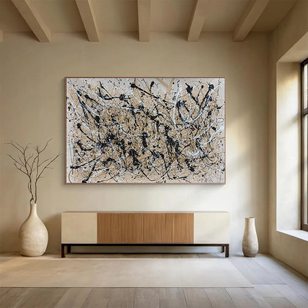 Acrylic Modern Art Paintings: Black Beige and White Splatter Abstract Painting WB364