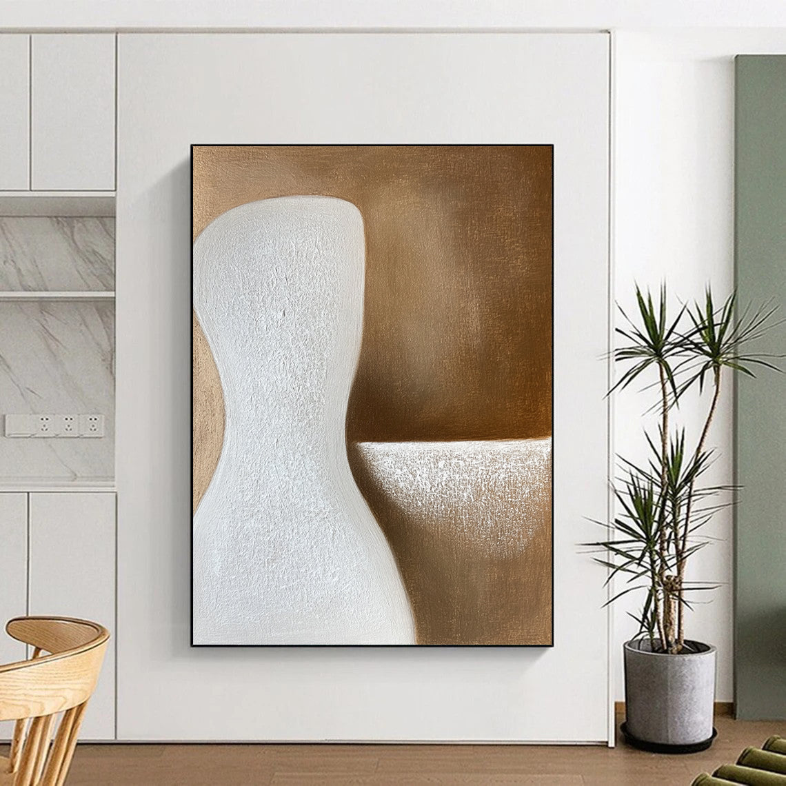 Hand-Painted White and Brown Abstract Organic Shape Painting For Sale HS161