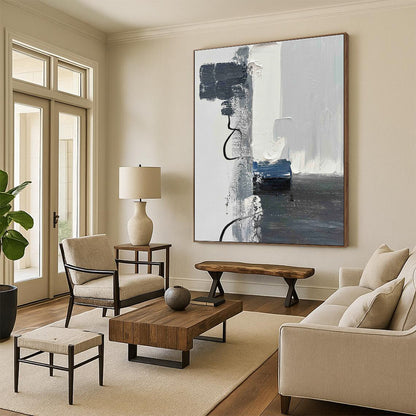Minimalist Canvas Art with Gray, White, Black and Blue Colors, Abstract Geometric Theme HS465