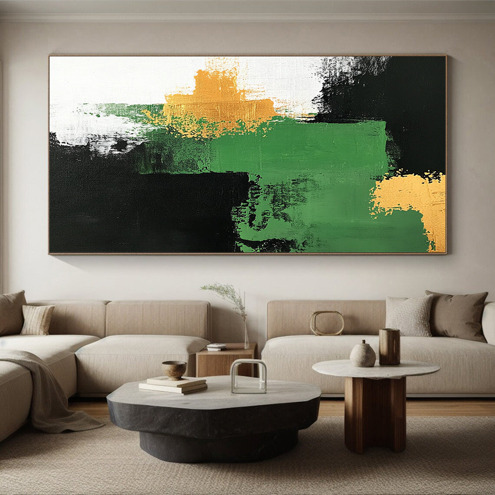 Handmade Art Green, Black, and Gold Abstract Shape Painting For Sale HS145