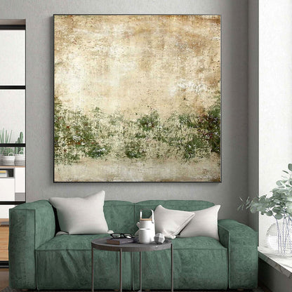 Hand Painted Art Beige and Green Abstract Textured Landscape Painting For Sale HS073