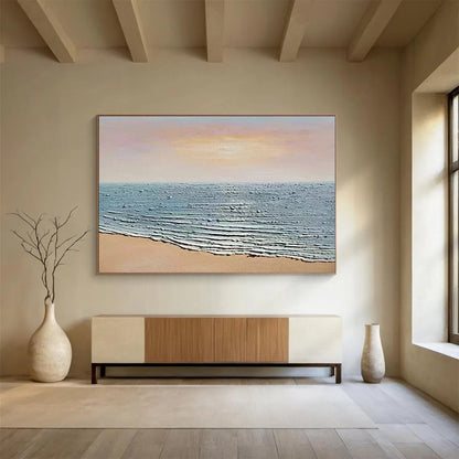 Horizontal Peach and Blue Coastal Abstract Painting WB221