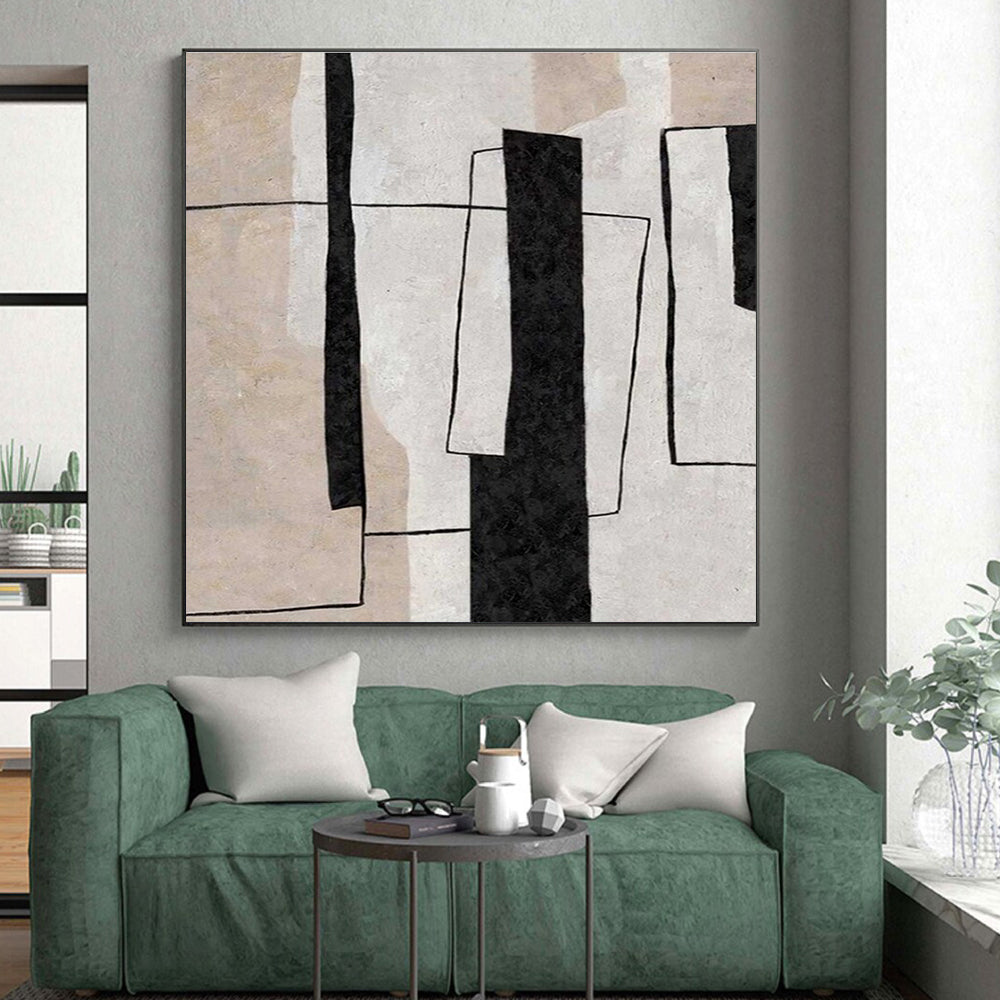 Modern Art Acrylic Black, Beige, and White Geometric Abstract Art HS680